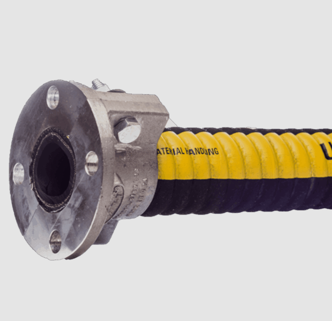Industrial hose with metal connector end.