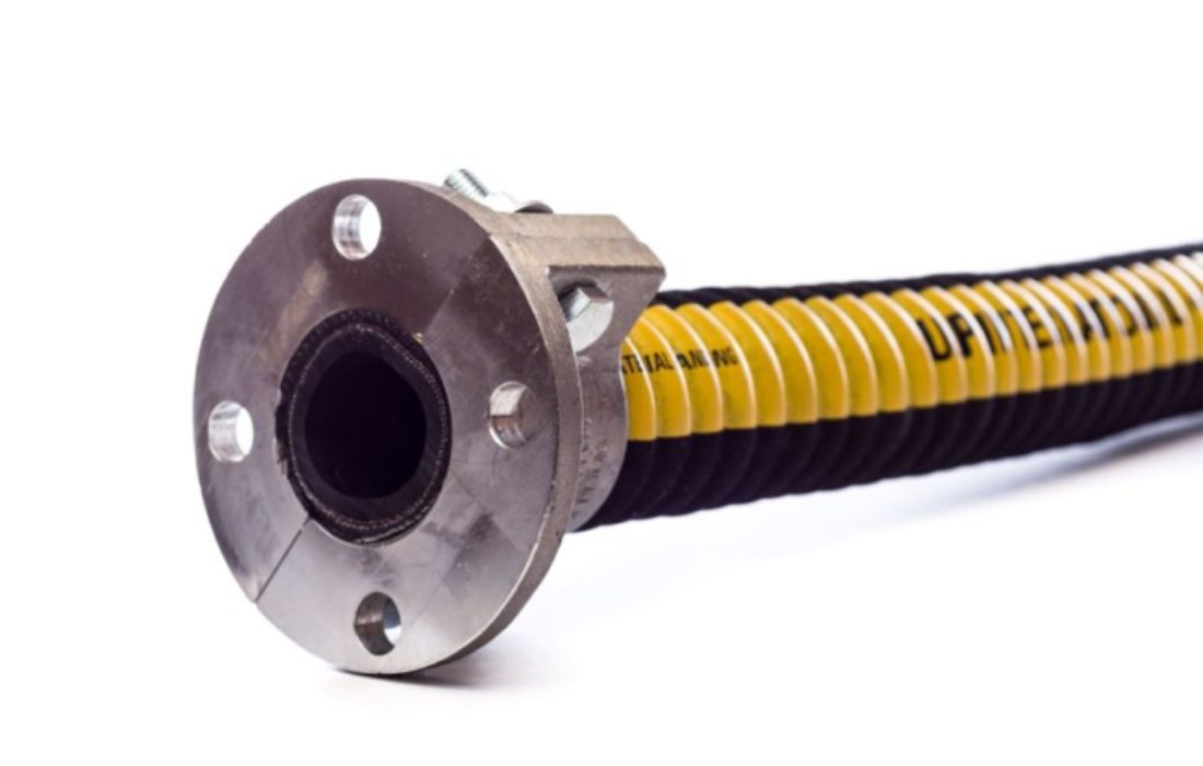 Industrial hose with metal flange connector.