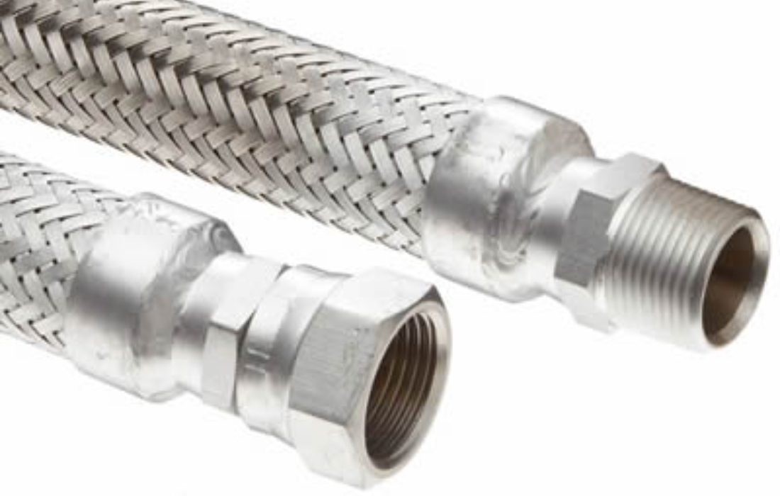 Braided stainless steel flexible hoses with fittings.
