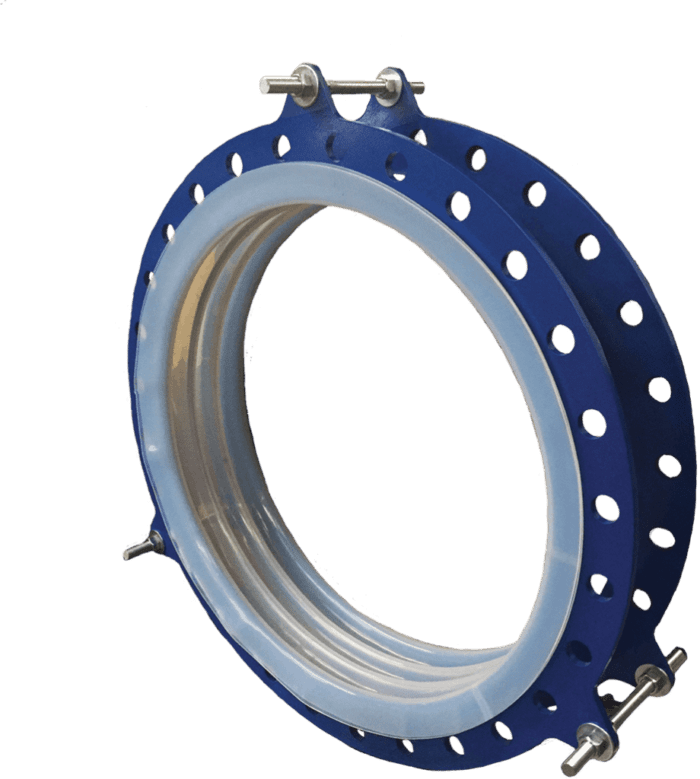 Blue industrial flange with multiple bolt holes.
